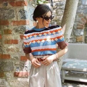 ZARA medium Floral Crochet Knit Sweater Chunky Crop crew neck